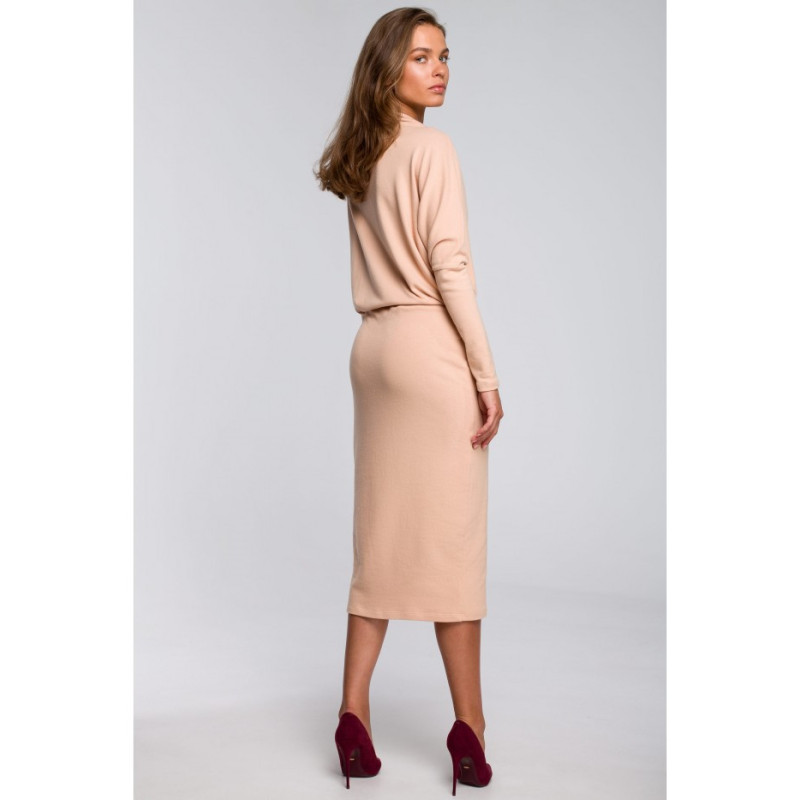 S245 Sukienka z drapowanym dekoltem - beżowa