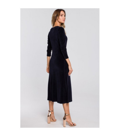 M557 Welurowa Sukienka Midi Z Marszczonym Rękawami 3/4 - granatowa