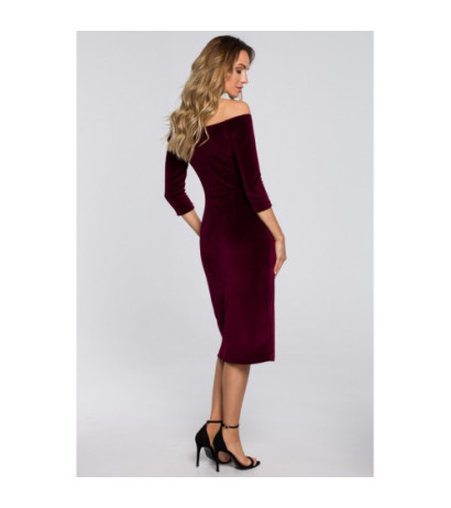 M559 Welurowa Sukienka Z Dekoltem I Rozcięciem Na Nogę - bordowa