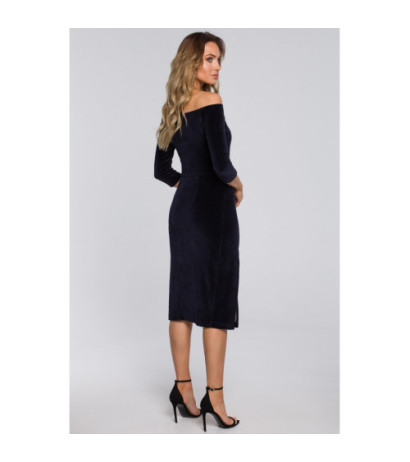 M559 Welurowa Sukienka Z Dekoltem I Rozcięciem Na Nogę - granatowa