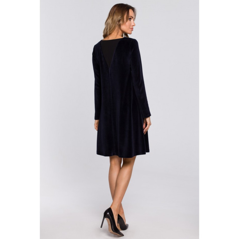 M566 Welurowa Sukienka Trapezowa - granatowa