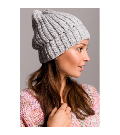 BK058 Czapka splot łańcuszek z wywinięciem - szara