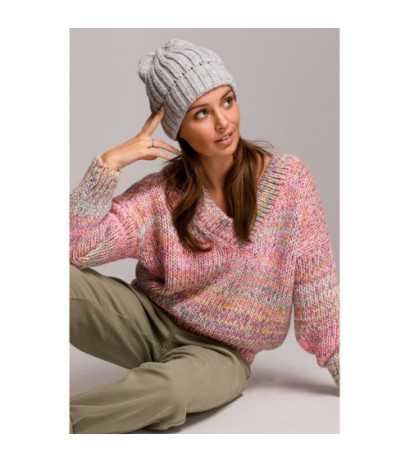 BK058 Czapka splot łańcuszek z wywinięciem - szara