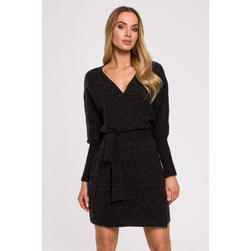 M631 Sukienka swetrowa kopertowa z wiązaniem - antracytowa