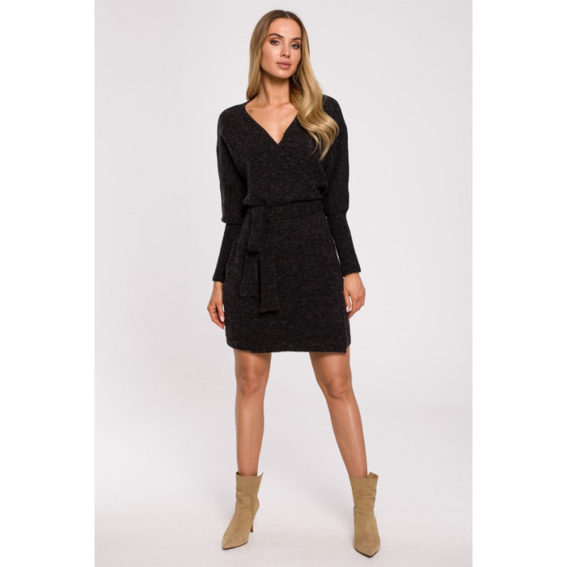 M631 Sukienka swetrowa kopertowa z wiązaniem - antracytowa