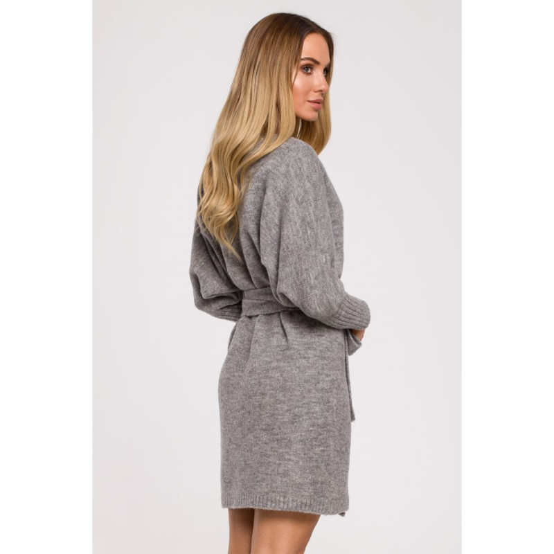 M631 Sukienka swetrowa kopertowa z wiązaniem - szara