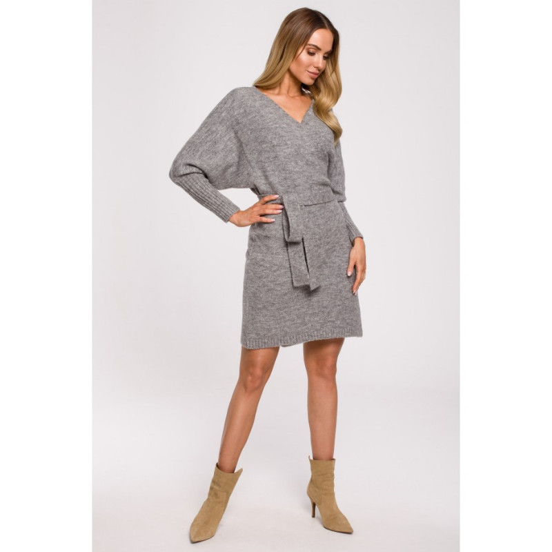 M631 Sukienka swetrowa kopertowa z wiązaniem - szara