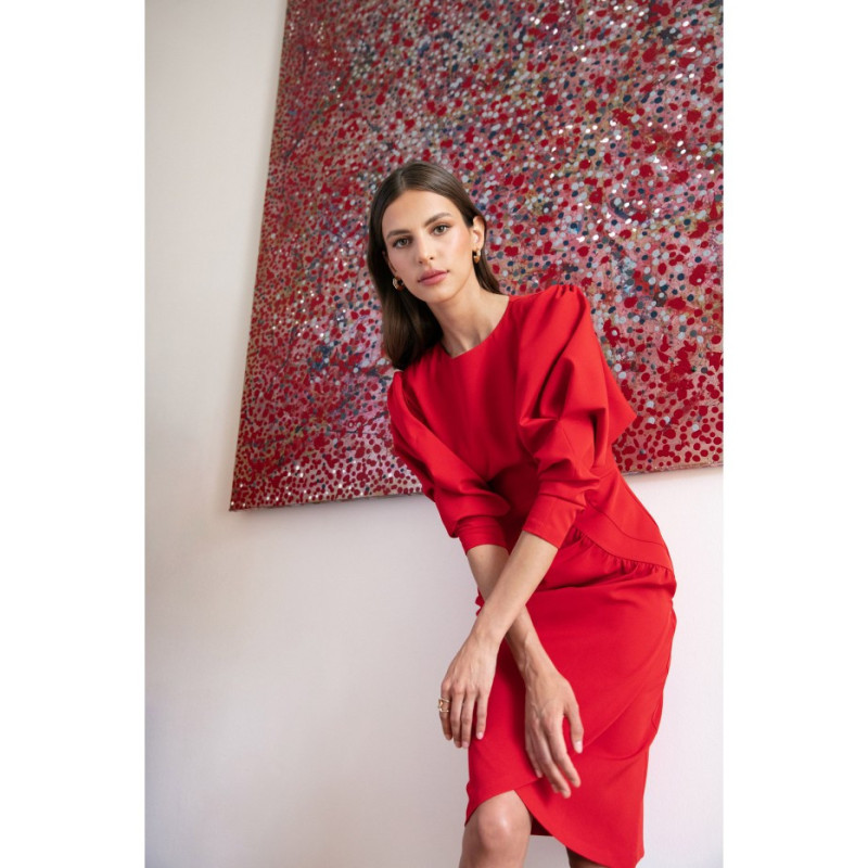 S284 Sukienka z bufiastymi rękawami - czerwona