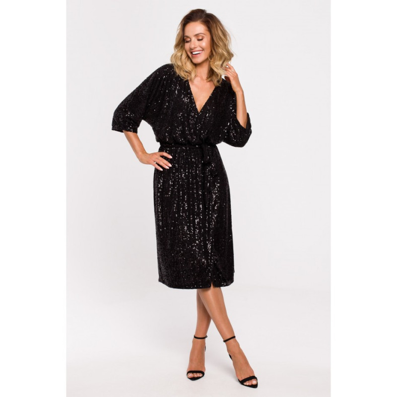 M653 Sukienka midi z cekinami i wiązaniem - czarna
