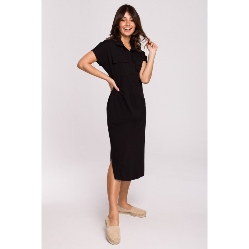 B222 Sukienka safari z kołnierzykiem - czarna