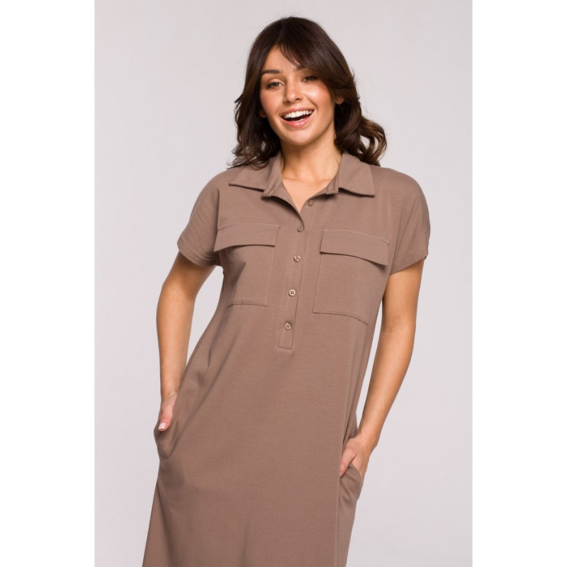 B222 Sukienka safari z kołnierzykiem - kakaowa