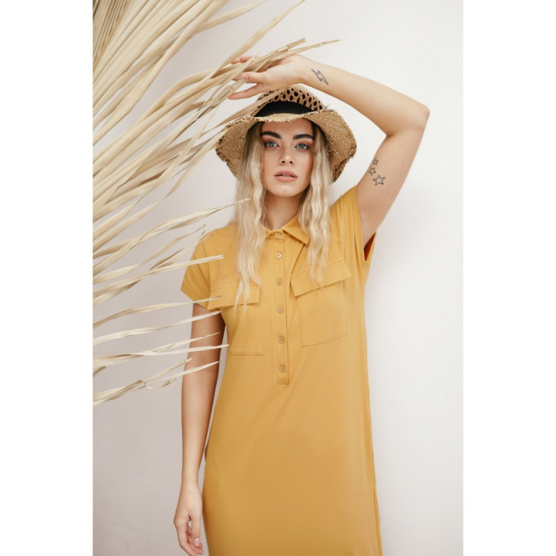 B222 Sukienka safari z kołnierzykiem - miodowa