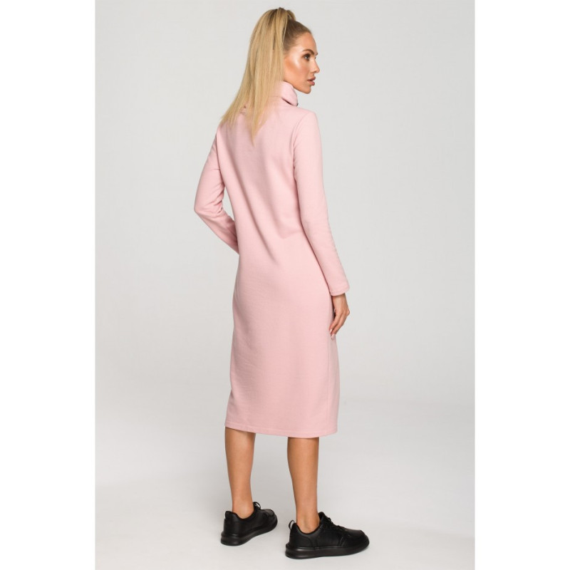 M688 Sukienka midi z lampasami z logo - pudrowa