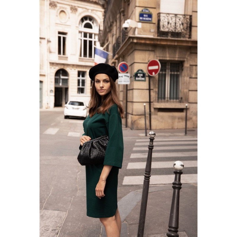 B234 Sukienka ściągana w pasie trokami - ciemnozielona