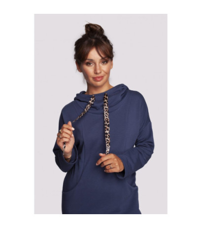 B238 Sukienka z wysokim kołnierzem i kieszeniami - niebieska