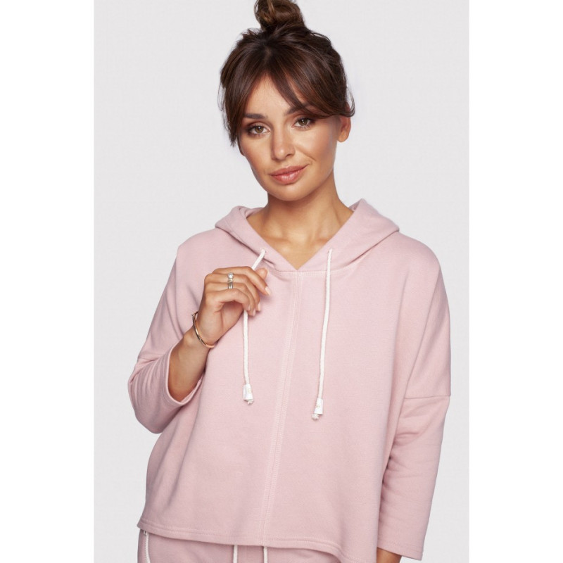 B239 Bluza o luźnym kroju z kapturem - pudrowa