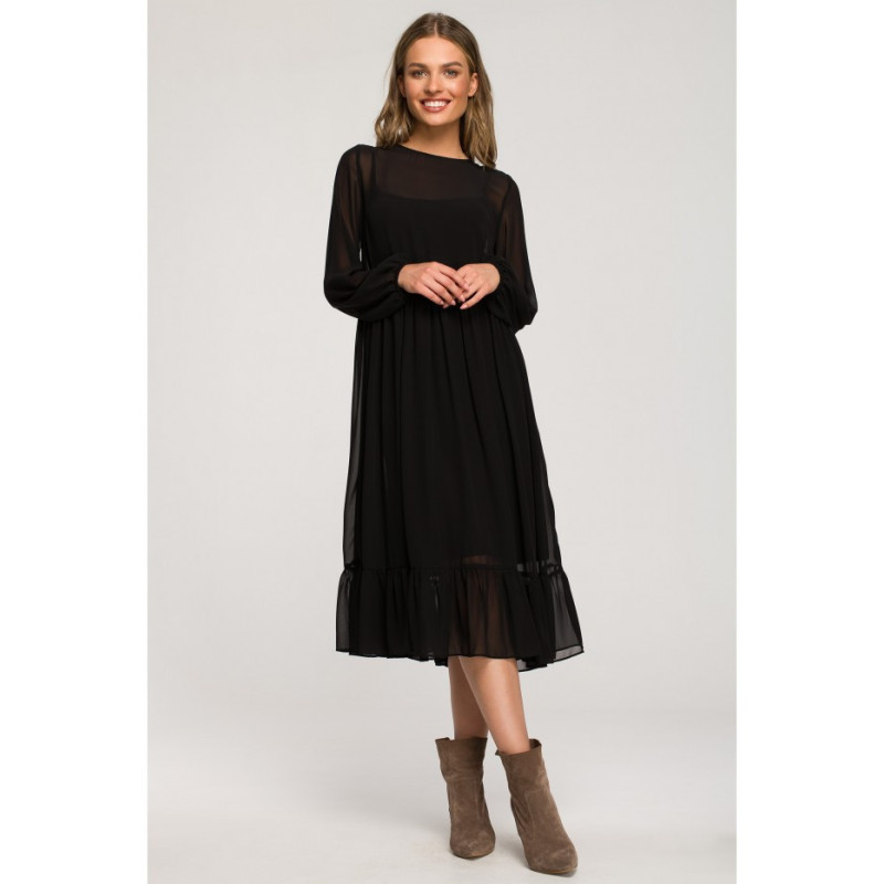 S319 Sukienka szyfonowa z falbaną - czarna