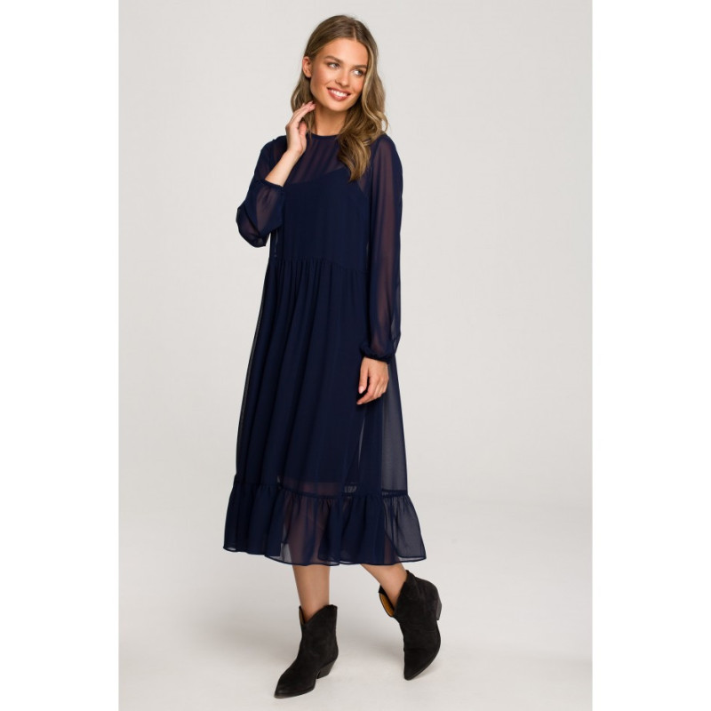 S319 Sukienka szyfonowa z falbaną - granatowa