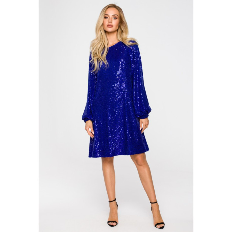 M715 Sukienka rozkloszowana z paskiem - chabrowa