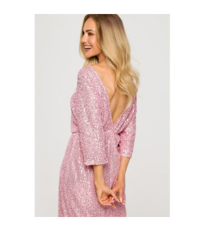 M716 Sukienka z głębokim dekoltem na plecach - pudrowy róż