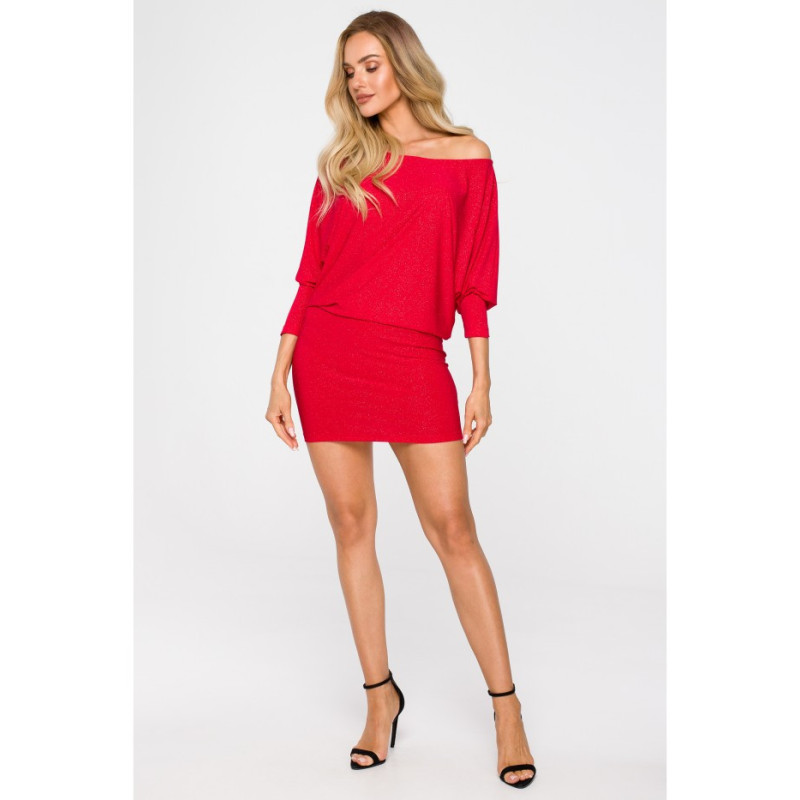 M723 Sukienka z dekoltem opadającym na ramię - czerwona