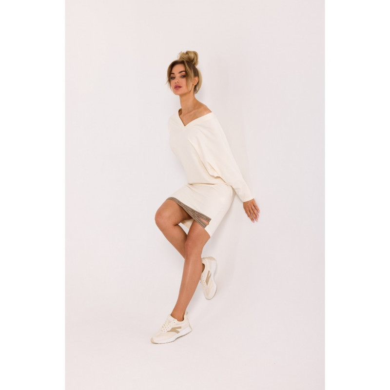 M732 Sukienka tunika z lampasami na dole - śmietankowa