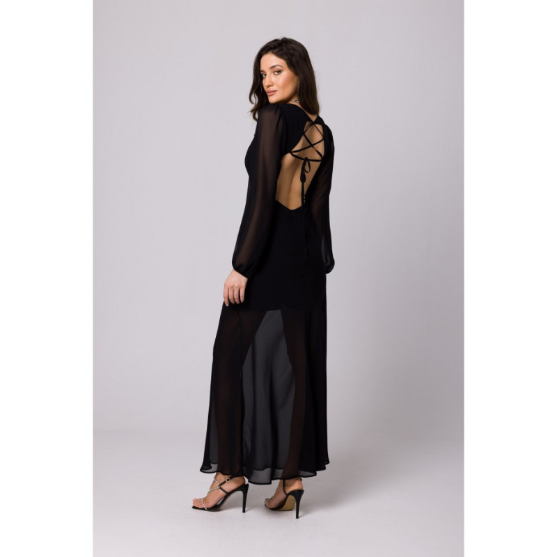 K166 Sukienka szyfonowa z odkrytymi plecami - czarna