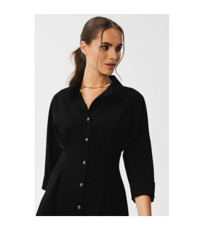 S351 Sukienka szmizjerka z zakładkami w talii - czarna