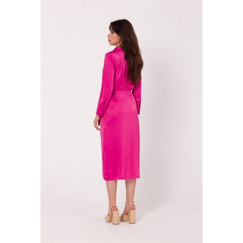 K172 Sukienka z kopertowym dekoltem i kołnierzykiem - różowa