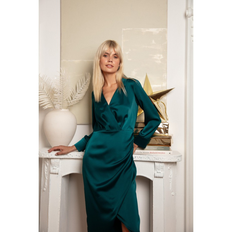 K172 Sukienka z kopertowym dekoltem i kołnierzykiem - zielona