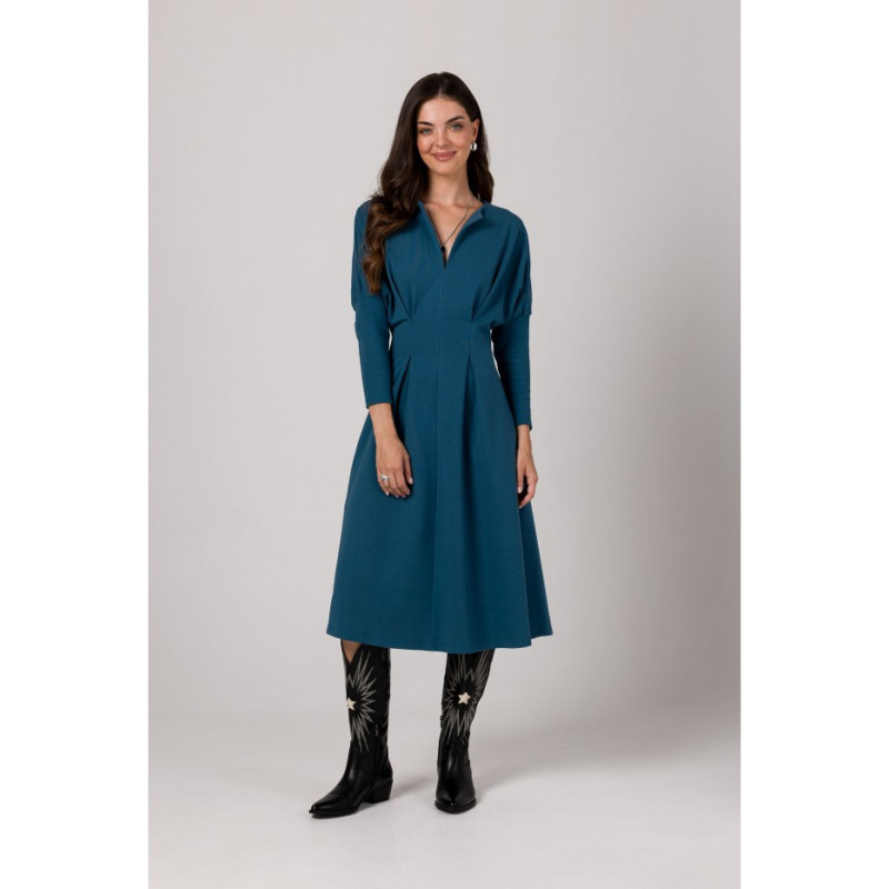 B273 Sukienka z mocno zaznaczoną talią - morska