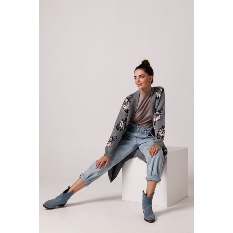 BK102 Długi kardigan w róże - popielaty