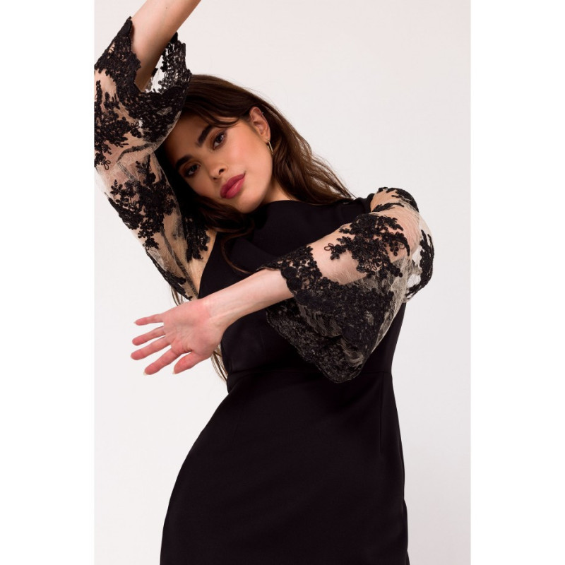 K182 Sukienka z rękawami z gipiury - czarna