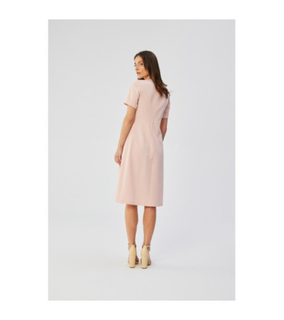 S361 Sukienka z ozdobnymi zakładkami na boku - pudrowa