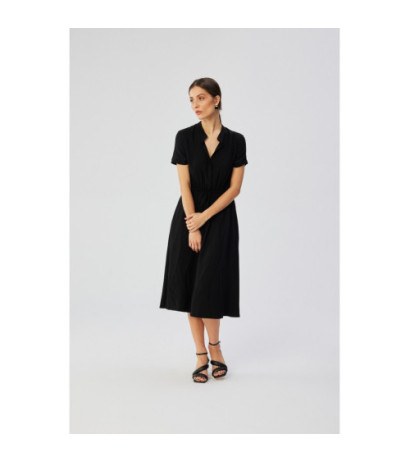 S366 Sukienka ze stójką i wiązaniem w pasie - czarna