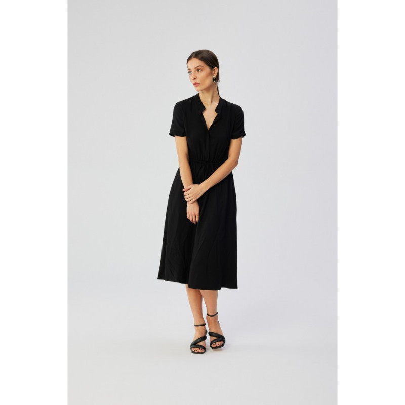 S366 Sukienka ze stójką i wiązaniem w pasie - czarna