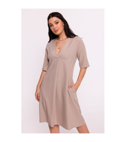 B280 Sukienka trapezowa z dekoltem V - beżowa