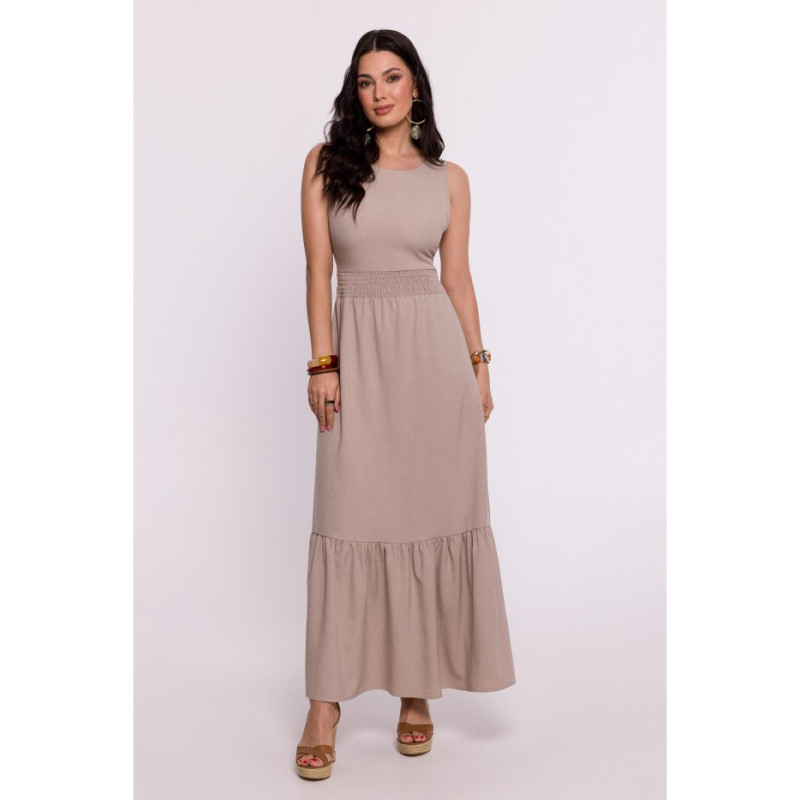 B281 Sukienka z gumowanym paskiem i wiązaniem na plecach - beżowa