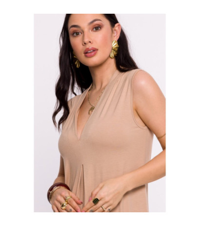 B284 Sukienka wiskozowa maxi z zakładką - cappuccino