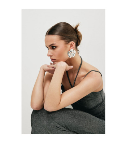 K188 Metaliczna sukienka maxi z wiązaniem w dekolcie - srebrna