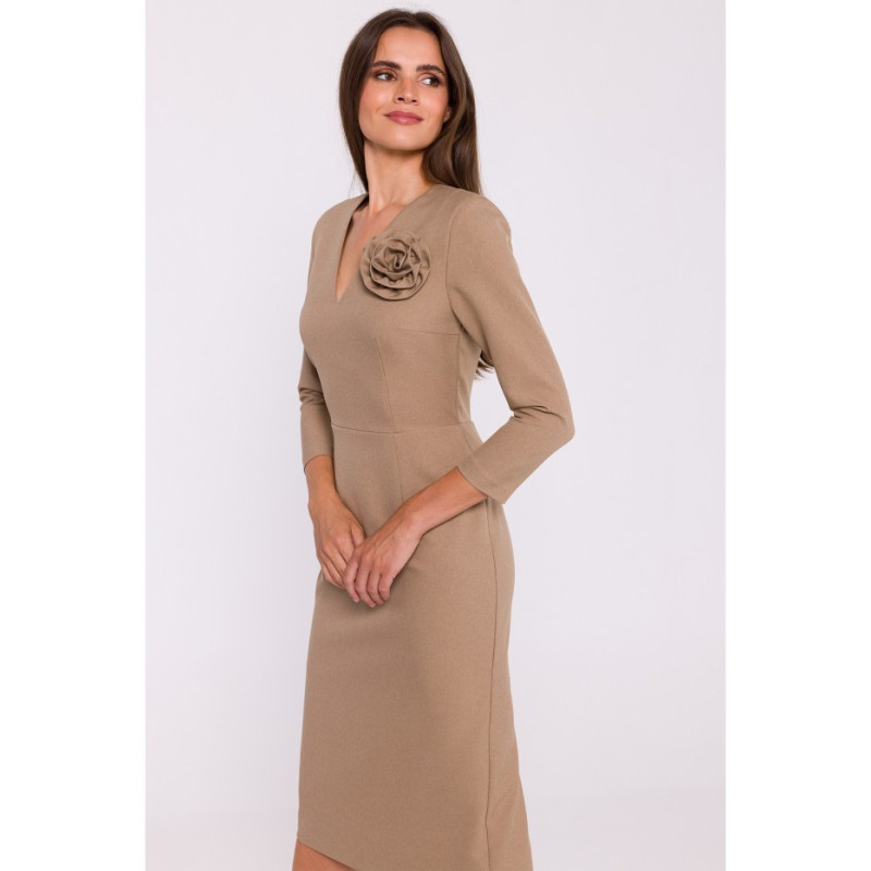 S372 Sukienka midi z kwiatkiem - beżowa