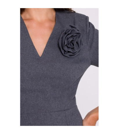 S372 Sukienka midi z kwiatkiem - szara