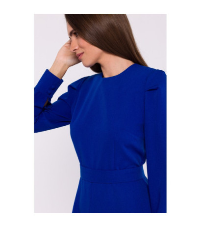 S378 Sukienka z długimi rękawami i paskiem - chabrowa