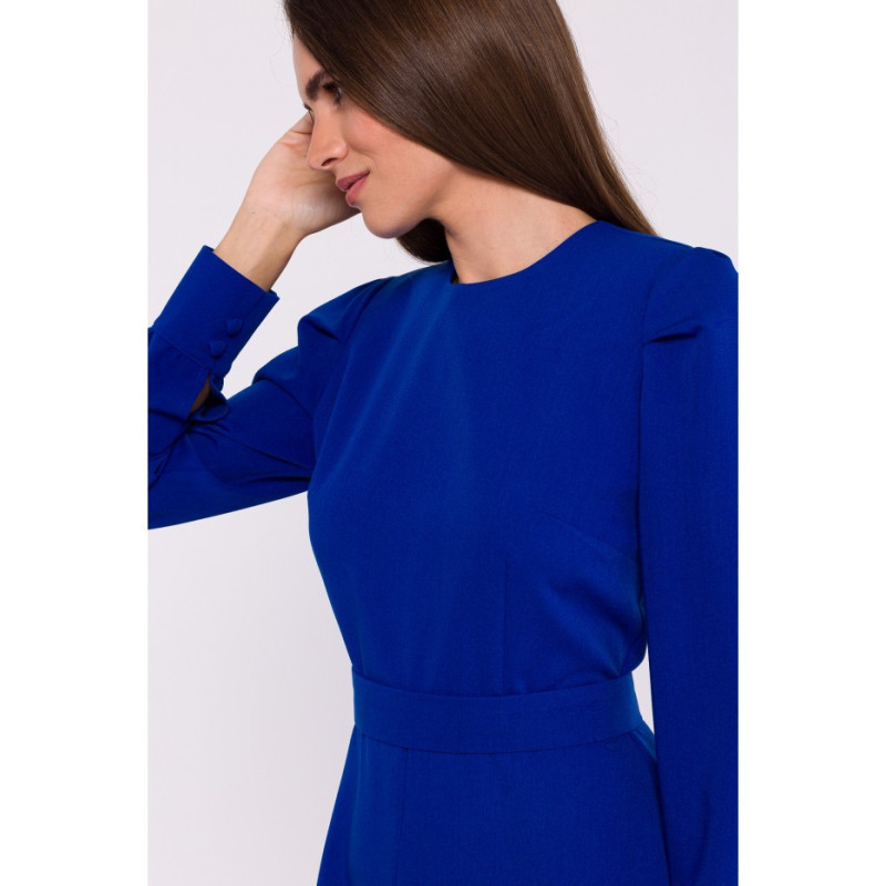 S378 Sukienka z długimi rękawami i paskiem - chabrowa