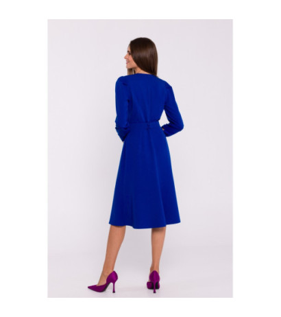 S378 Sukienka z długimi rękawami i paskiem - chabrowa