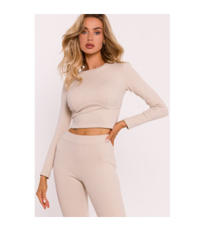 M817 Prążkowana bluzka z gorsetowym przeszyciem - piaskowa