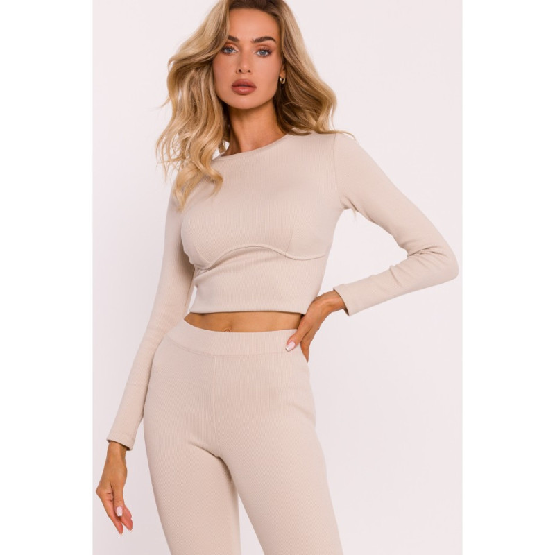 M817 Prążkowana bluzka z gorsetowym przeszyciem - piaskowa