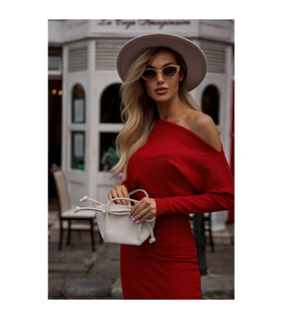 M818 Prążkowana sukienka mini z odkrytymi ramionami - czerwona