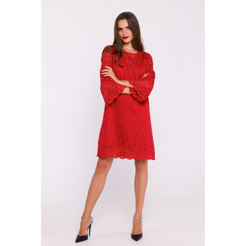 S380 Koronkowa sukienka trapez - czerwona