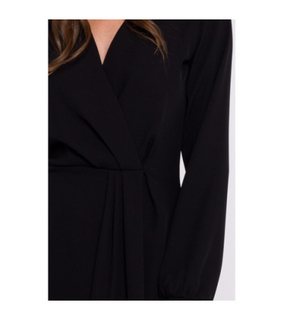 S384 Sukienka z ozdobnymi zakładkami na przodzie - czarna